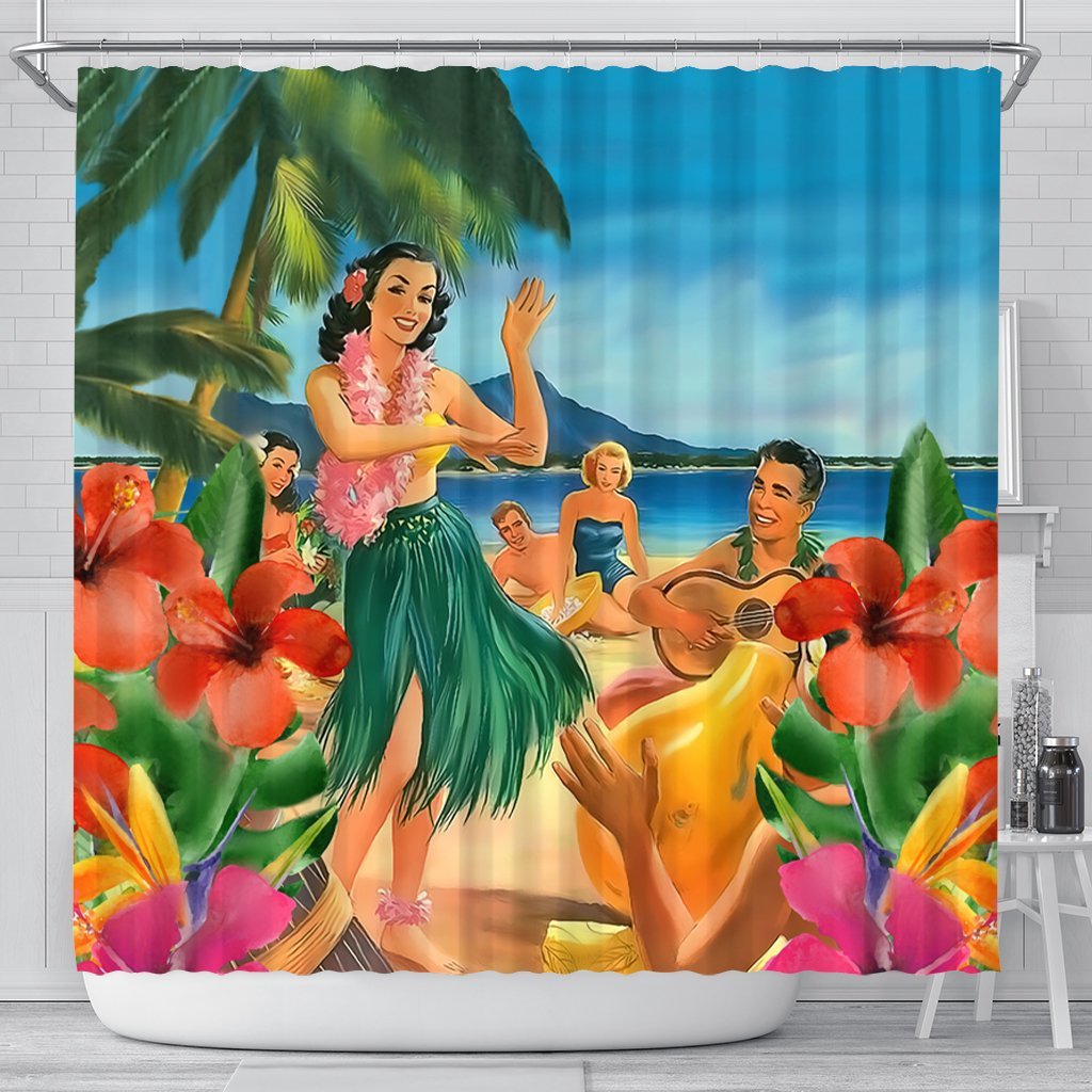 Hawaiian Hula Sing Dance On Beach Shower Curtain - AH 177 x 172 (cm) Black - Polynesian Pride