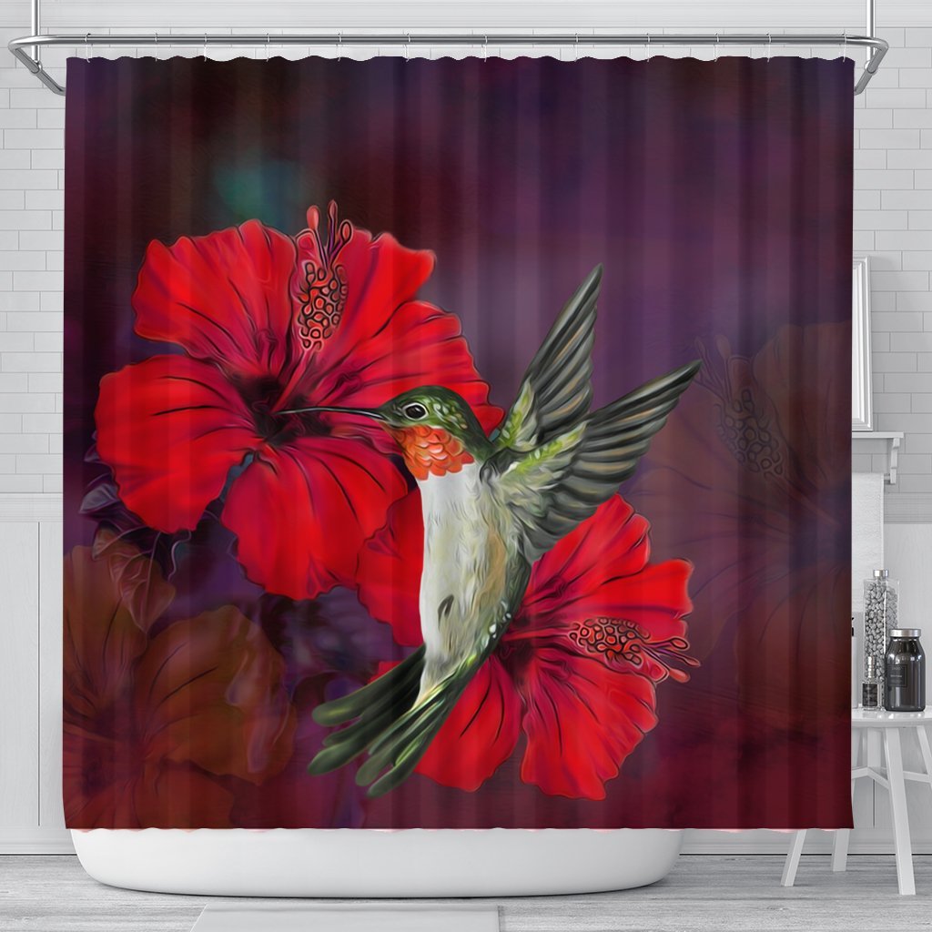 Hawaiian Hummingbird And Hibiscus Polynesian Shower Curtain - AH 177 x 172 (cm) Black - Polynesian Pride