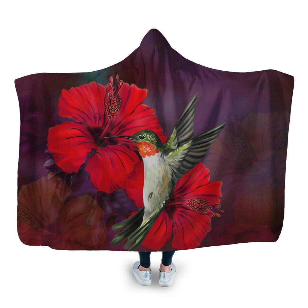 Hawaiian Hummingbird And Hibiscus Polynesian Hooded Blanket - AH Hooded Blanket White - Polynesian Pride