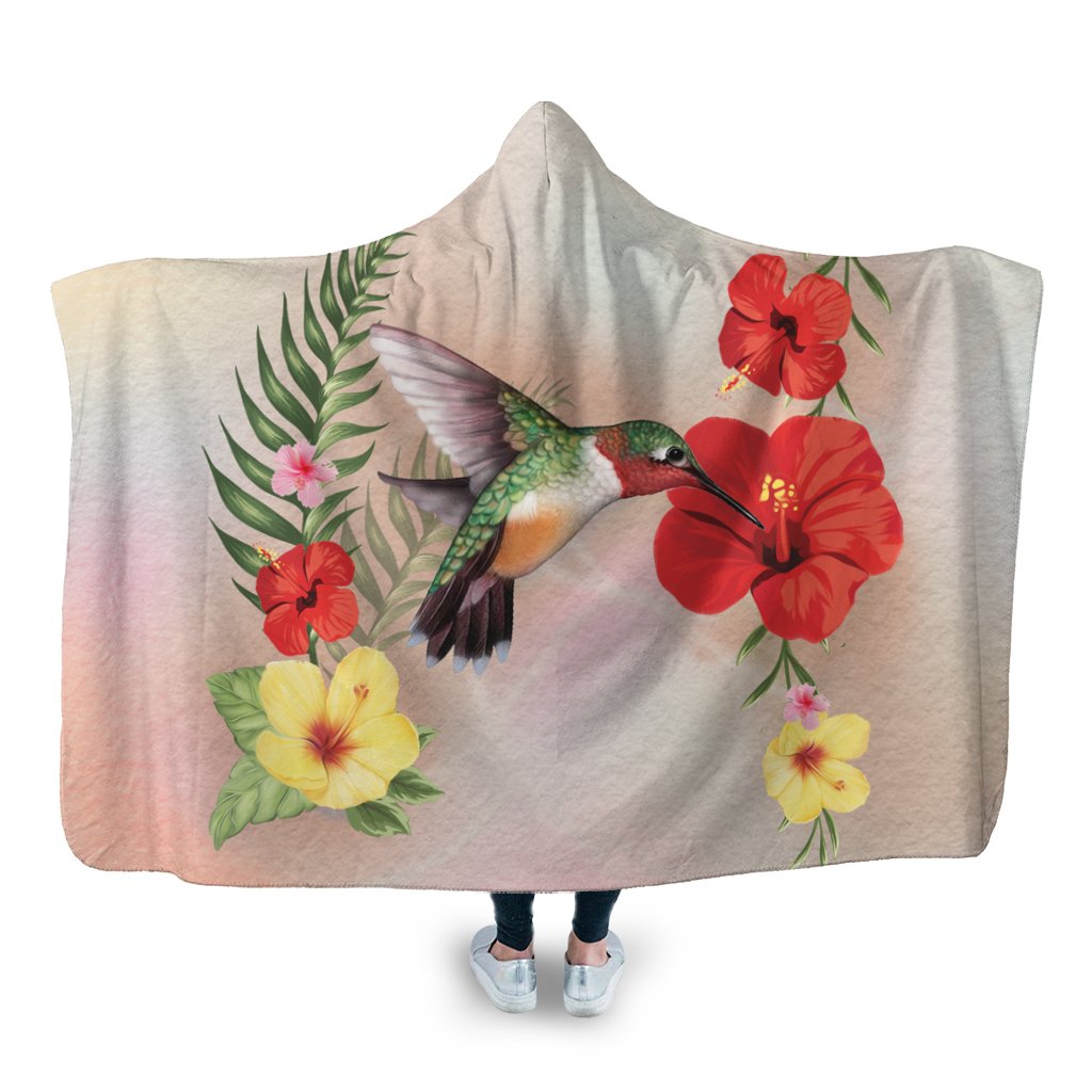 Hawaiian Hummingbirds Hibiscus Polynesian Hooded Blanket - AH Hooded Blanket White - Polynesian Pride