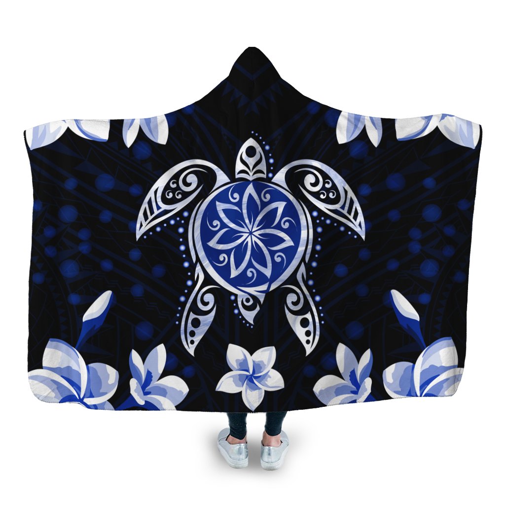 Hawaiian Icon Blue Turtle Plumeria Hooded Blanket AH Hooded Blanket White - Polynesian Pride