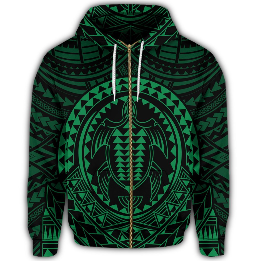 Hawaiian Kakau Honu Arc Polynesian Green Zip Hoodie - Polynesian Pride