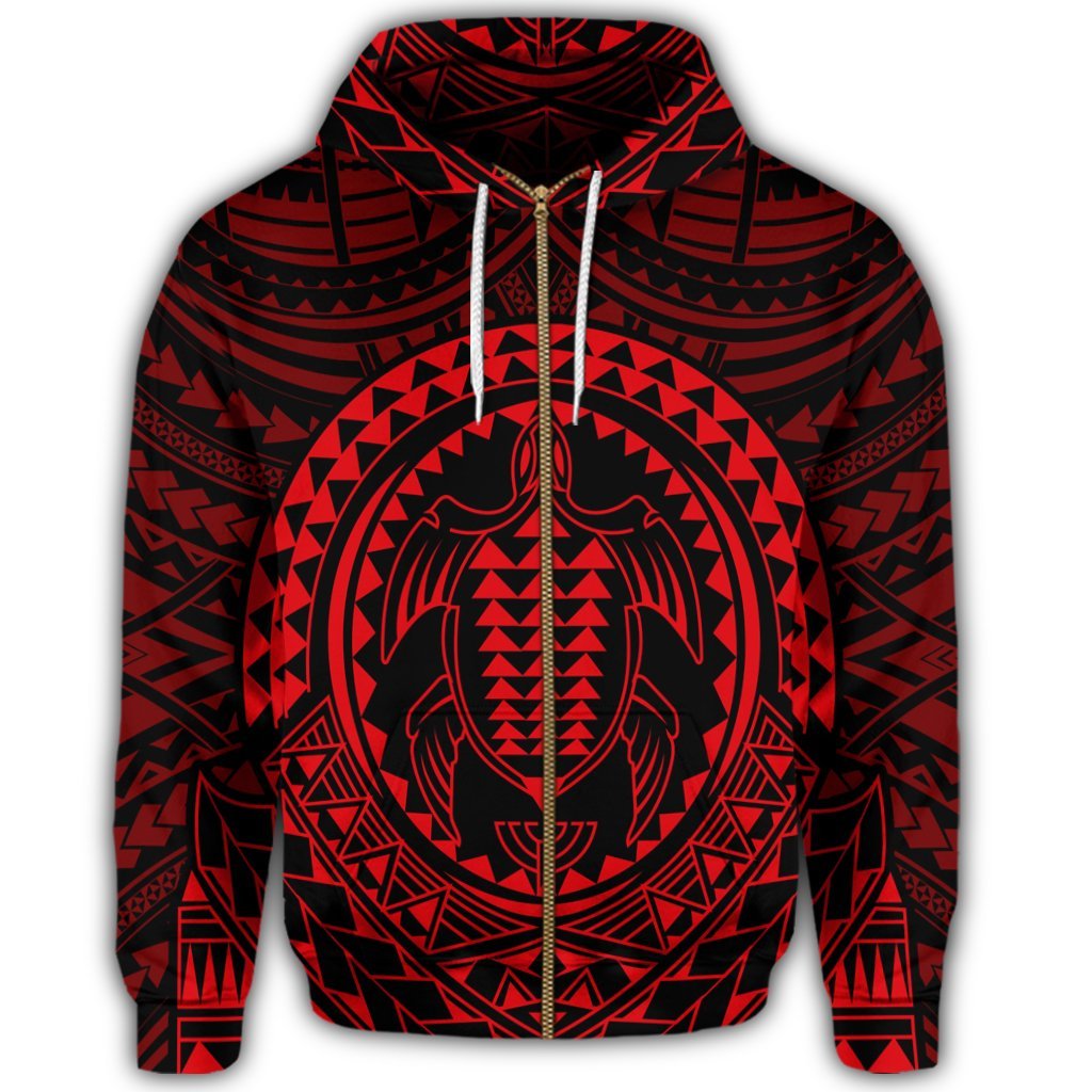 Hawaiian Kakau Honu Arc Polynesian Red Zip Hoodie - Polynesian Pride