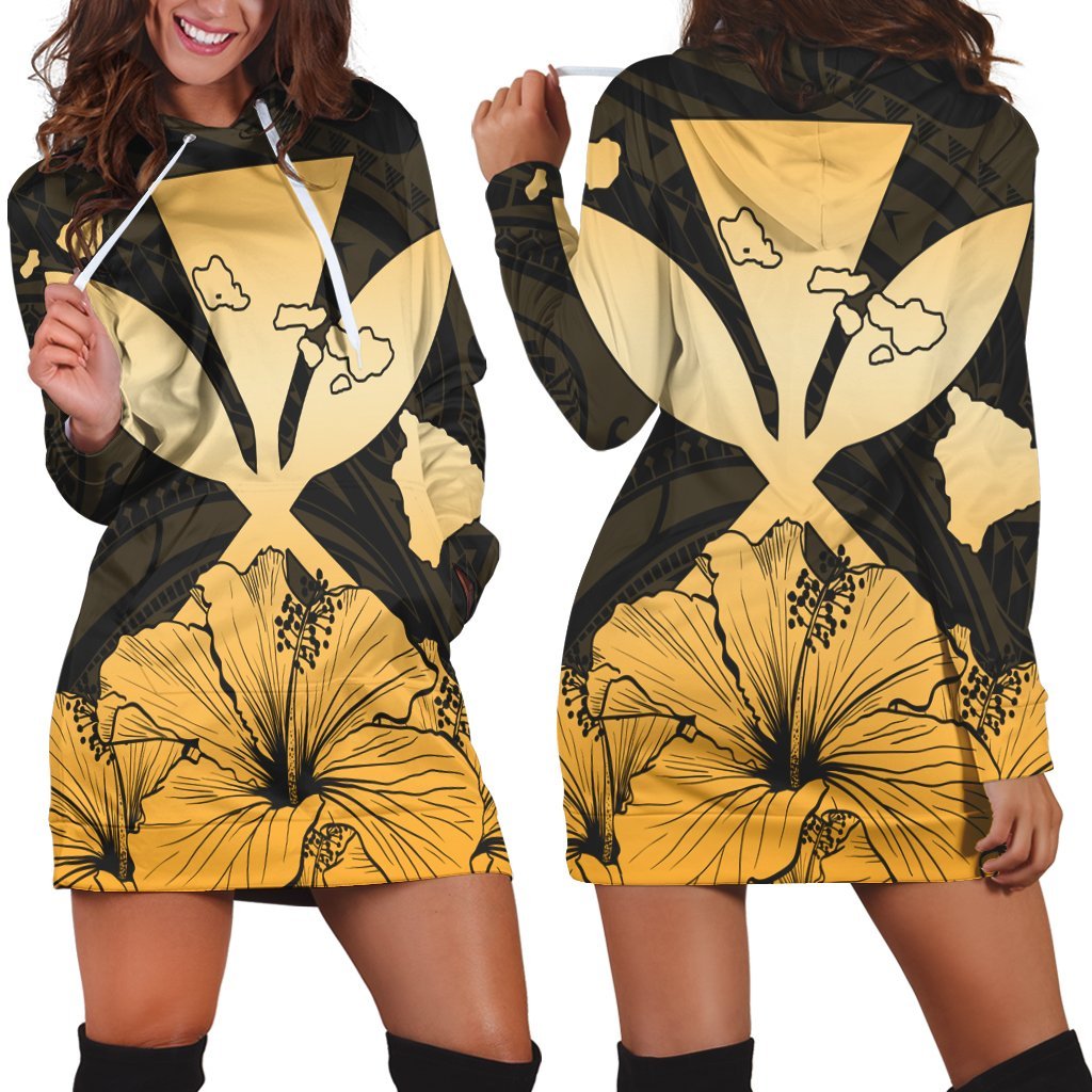 Hawaiian Kanaka Hoodie Dress Hibiscus Polynesian Love - AH Black - Polynesian Pride