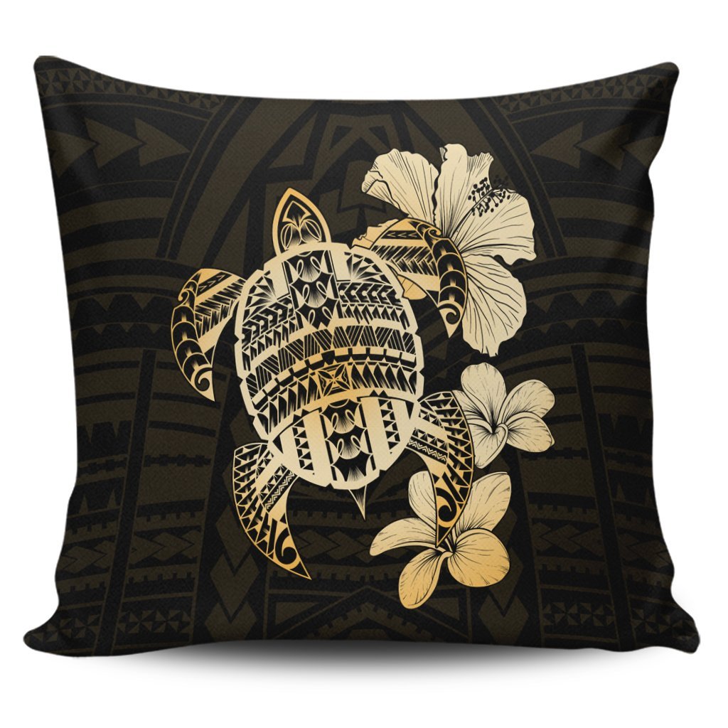 Hawaiian Kanaka Hibiscus Plumeria Mix Polynesian Turtle Pillow Covers - AH Pillow Covers Black - Polynesian Pride