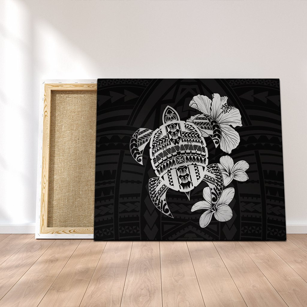 Hawaiian Kanaka Hibiscus Plumeria Mix Polynesian Turtle Canvas - Gray - AH Canvas Poly-cotton - Polynesian Pride