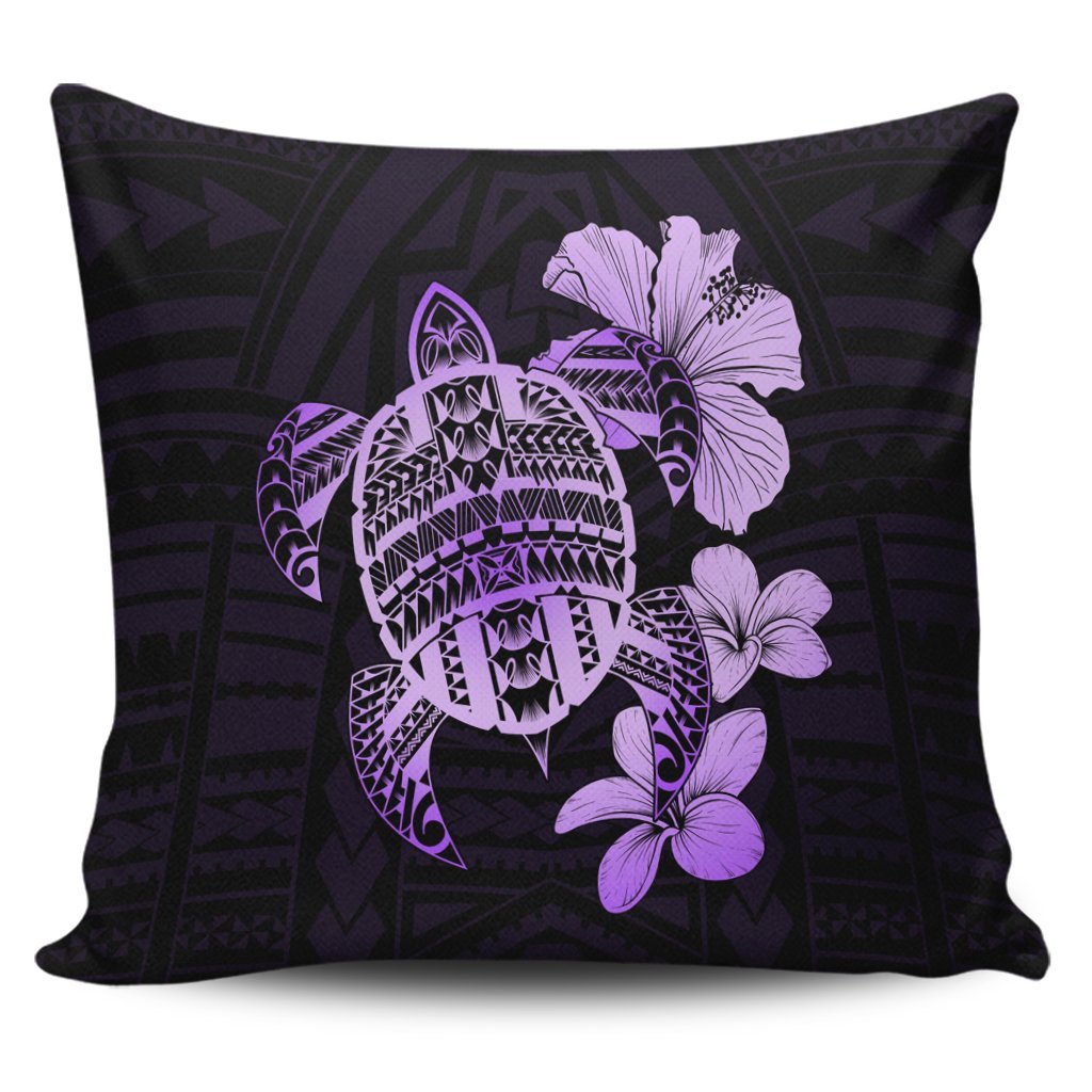 Hawaiian Kanaka Hibiscus Plumeria Mix Polynesian Turtle Pillow Covers - Violet - AH Pillow Covers Black - Polynesian Pride