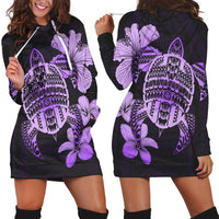 Hawaiian Kanaka Hibiscus Plumeria Mix Polynesian Turtle Hoodie Dress - Violet - AH Black - Polynesian Pride