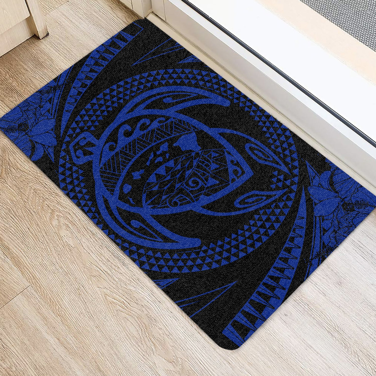 Hawaiian Kanaka Honu Hibiscus Tornado Polynesian Door Mat Blue AH - Polynesian Pride