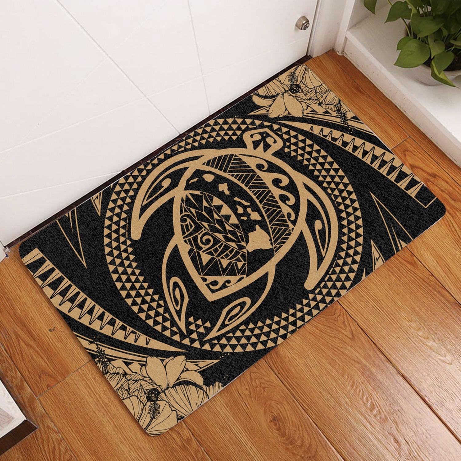 Hawaiian Kanaka Honu Hibiscus Tornado Polynesian Door Mat Gold AH Door Mat Gold - Polynesian Pride