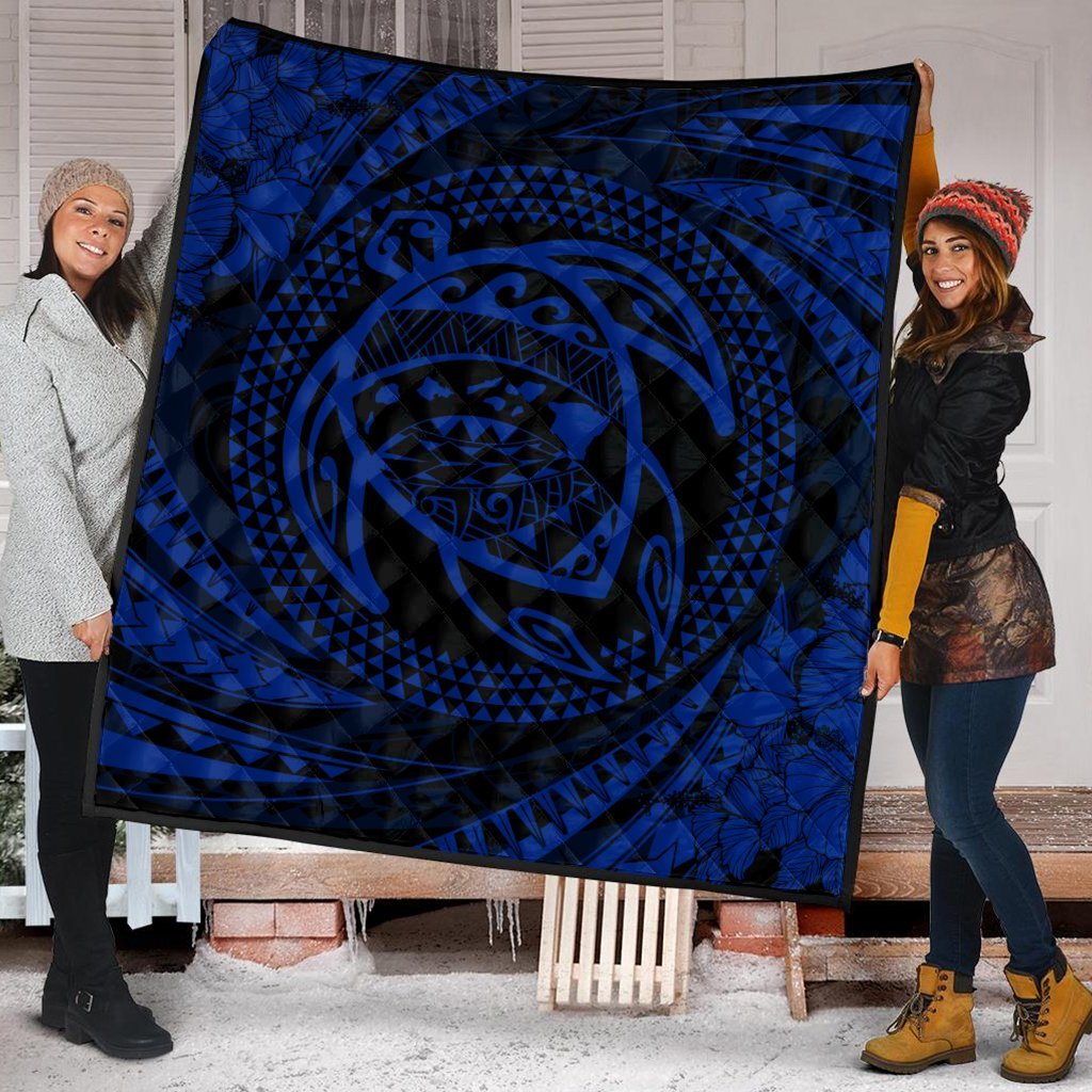 Hawaiian Kanaka Honu Hibiscus Tornando Polynesian Blue Premium Quilts - AH - Polynesian Pride