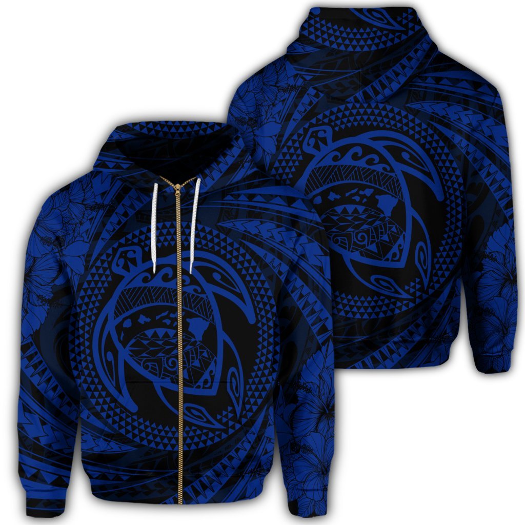 Hawaiian Kanaka Honu Hibiscus Tornando Polynesian Blue Zip Hoodie Unisex Art - Polynesian Pride