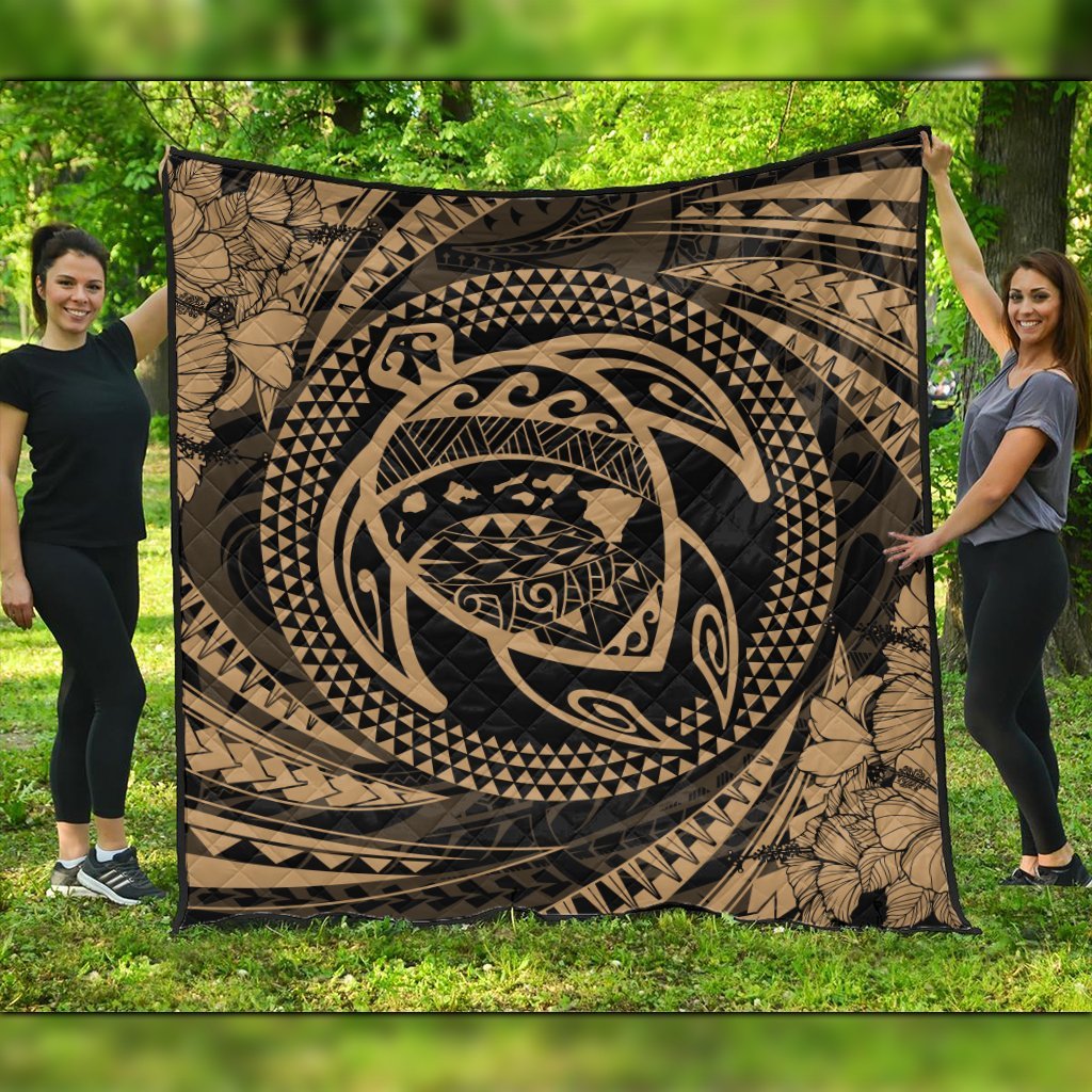 Hawaiian Kanaka Honu Hibiscus Tornando Polynesian Gold Premium Quilts - AH Black - Polynesian Pride