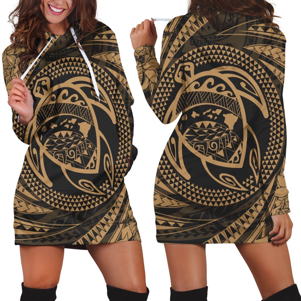 Hawaiian Kanaka Honu Hibiscus Tornando Polynesian Gold Hoodie Dress - AH Black - Polynesian Pride