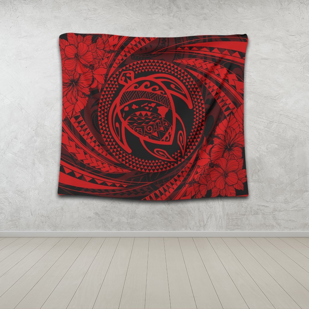 Hawaiian Kanaka Honu Hibiscus Tornando Polynesian Red Tapestry - AH - Polynesian Pride