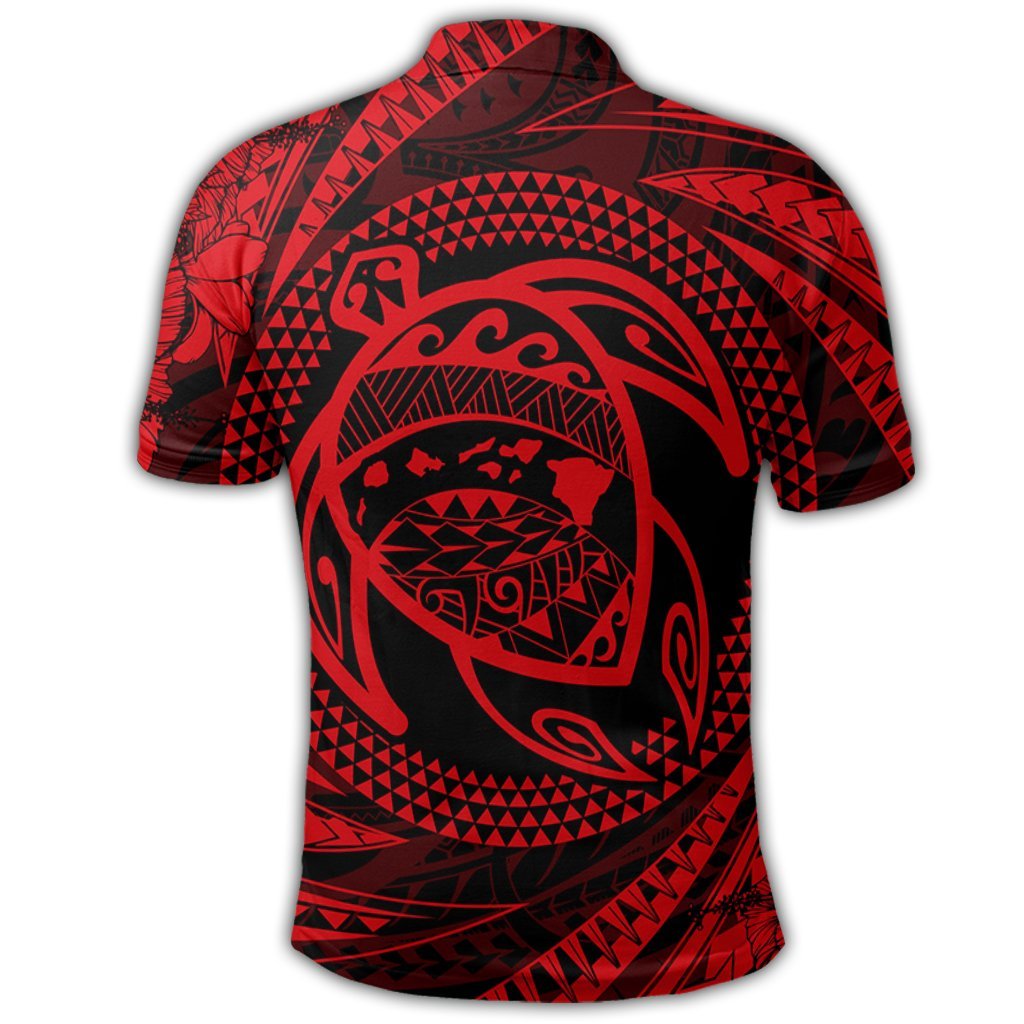 Hawaiian Kanaka Honu Hibiscus Tornando Polynesian Red Polo Shirt - Polynesian Pride