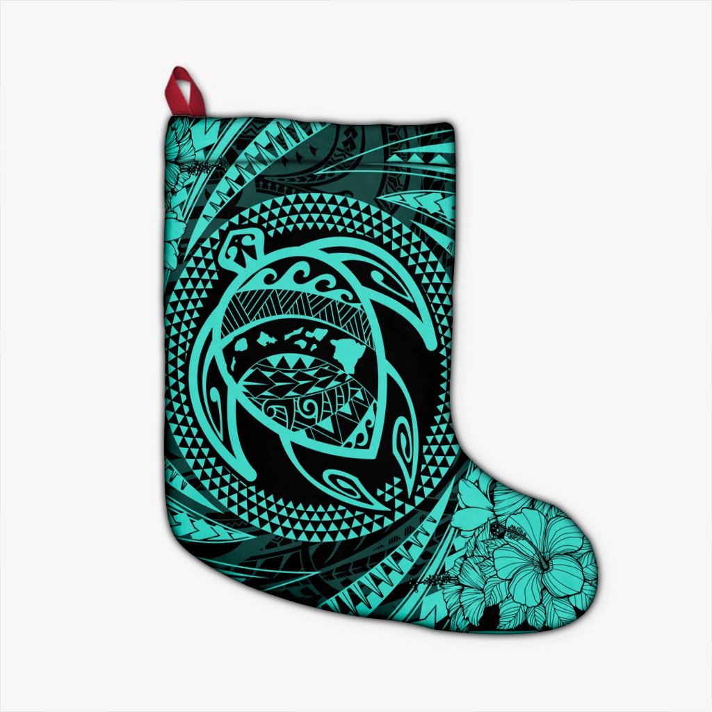 Hawaiian Kanaka Honu Hibiscus Tornando Polynesian Turquoise Christmas Stocking - AH Christmas Stocking 26 X 42 cm Black - Polynesian Pride