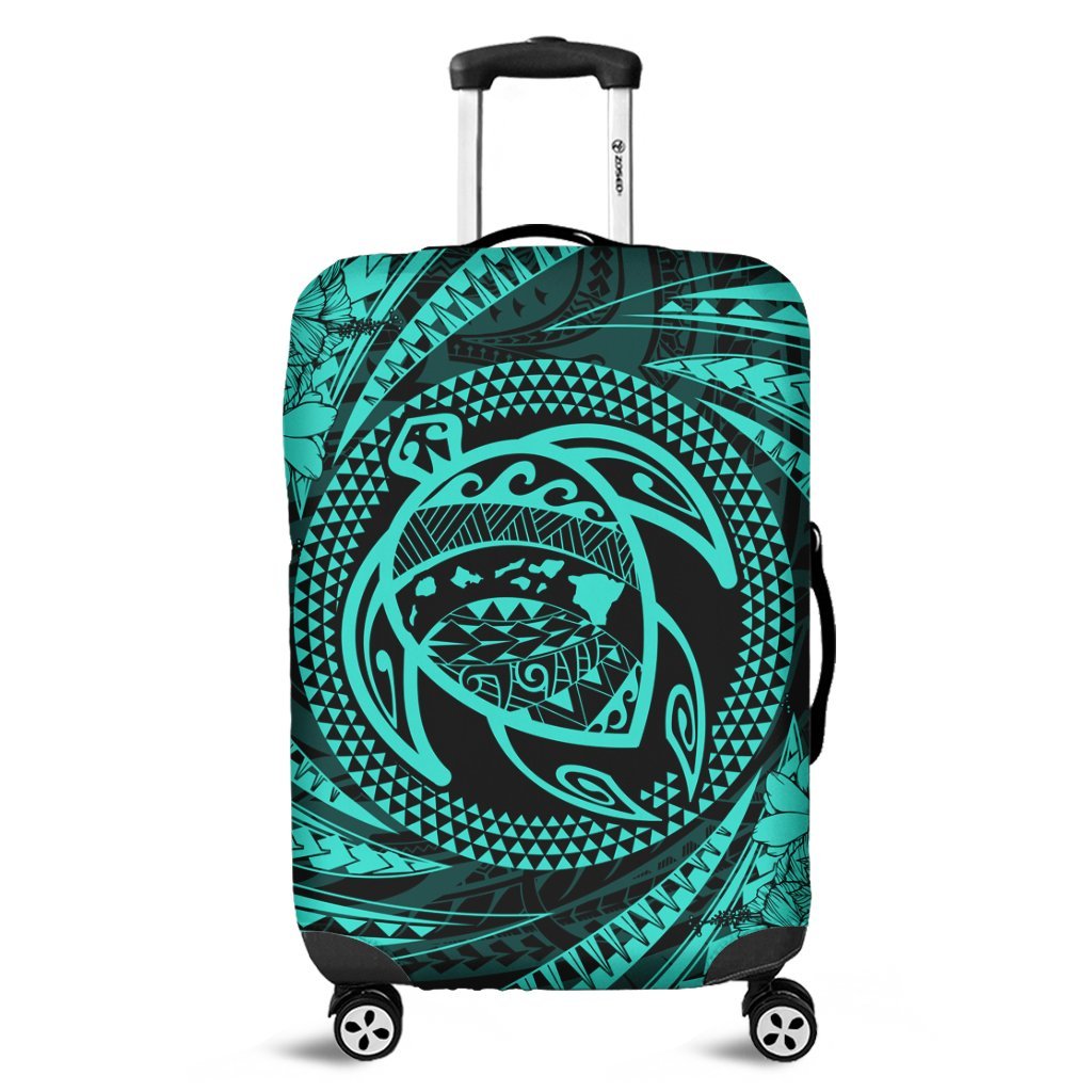 Hawaiian Kanaka Honu Hibiscus Tornando Polynesian Turquoise Luggage Covers - AH Black - Polynesian Pride