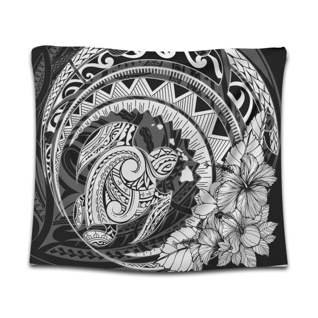 Hawaiian Kanaka Honu Map Hibiscus Globular Polynesian Tapestry - AH Wall Tapestry Black - Polynesian Pride