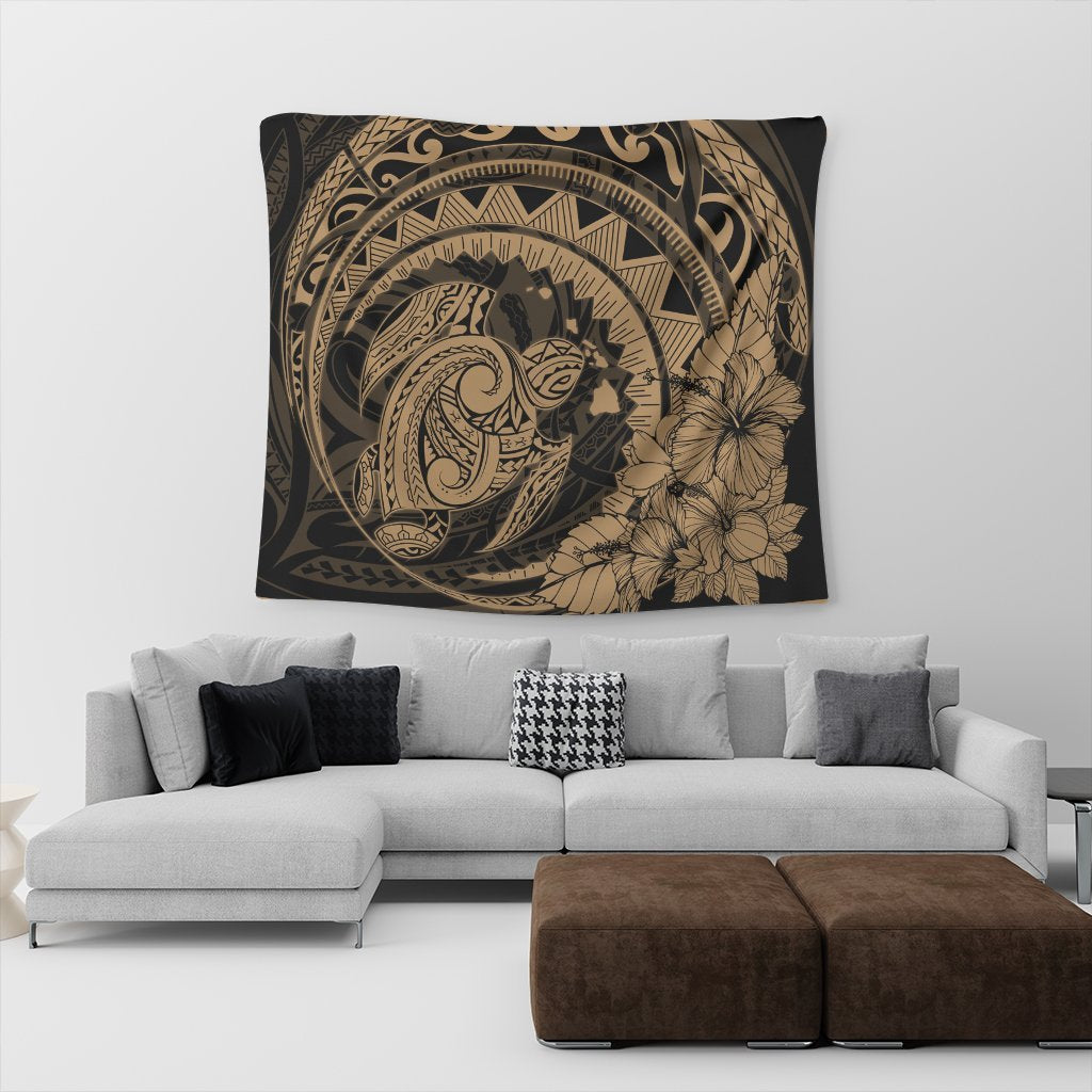 Hawaiian Kanaka Honu Map Hibiscus Globular Polynesian Gold Tapestry - AH - Polynesian Pride