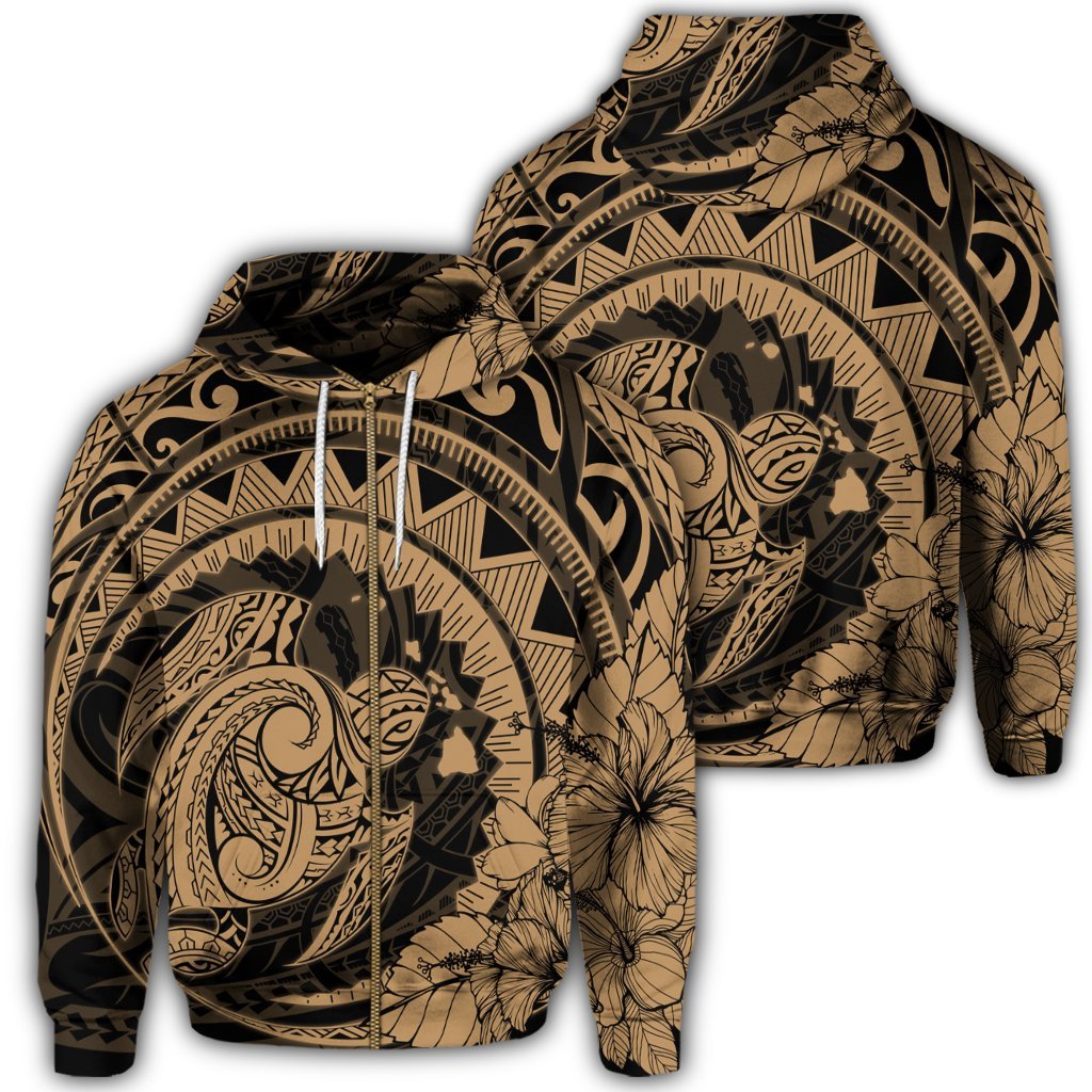 Hawaiian Kanaka Honu Map Hibiscus Globular Polynesian Gold Zip Hoodie Unisex Art - Polynesian Pride