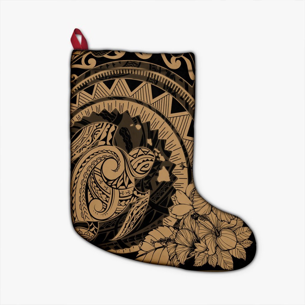 Hawaiian Kanaka Honu Map Hibiscus Globular Polynesian Gold Christmas Stocking - AH Christmas Stocking 26 X 42 cm Black - Polynesian Pride