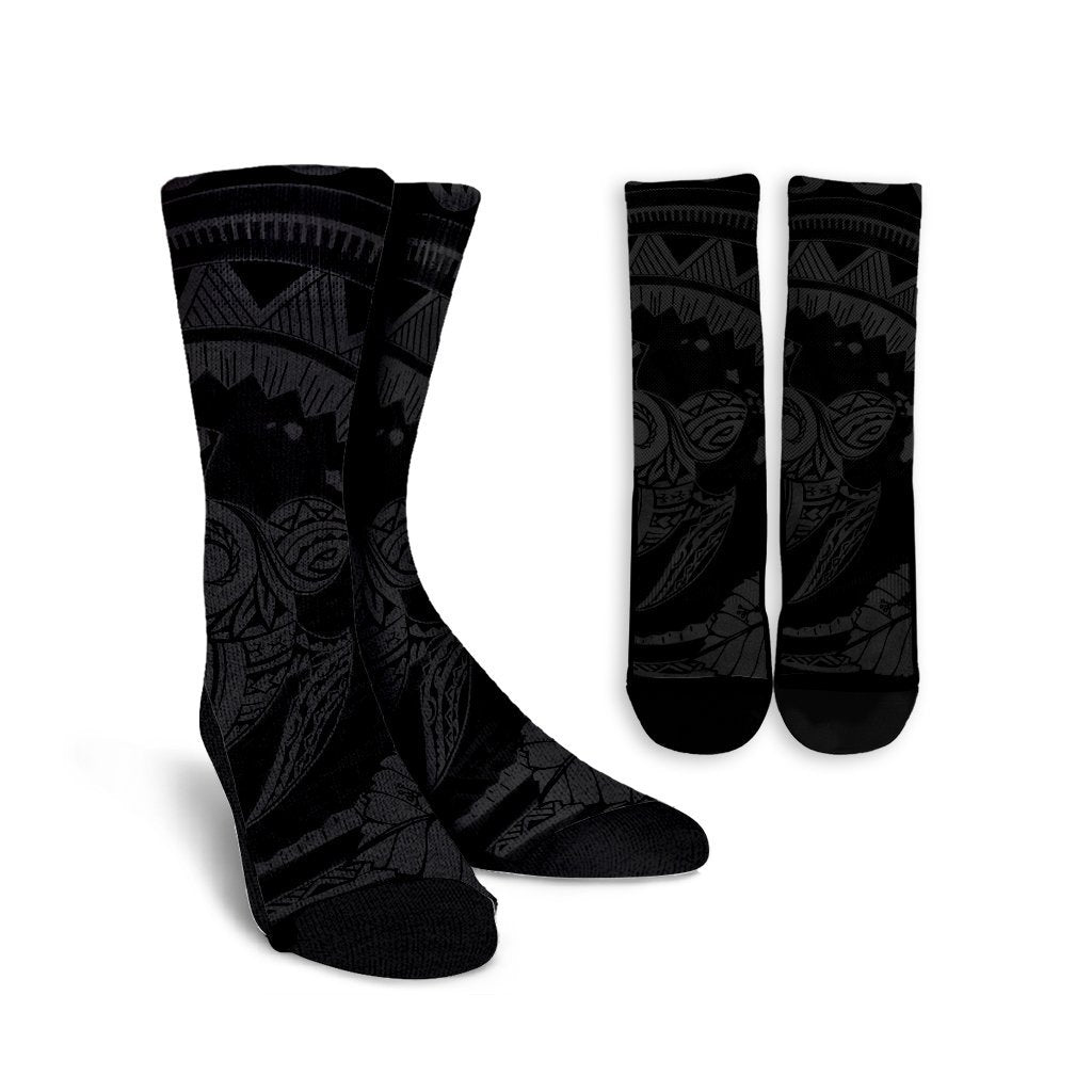 Hawaiian Kanaka Honu Map Hibiscus Globular Polynesian Gray Crew Socks - AH Crew Socks White - Polynesian Pride