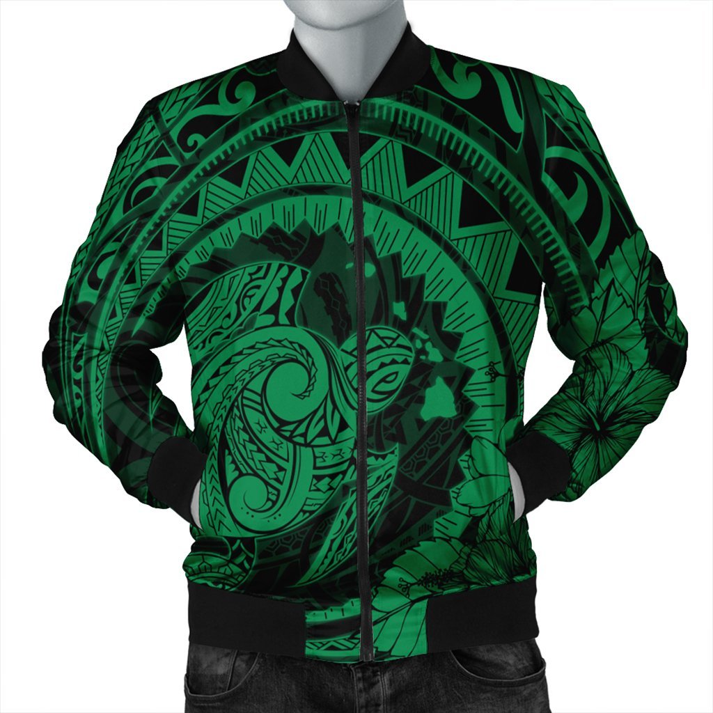 Hawaiian Kanaka Honu Map Hibiscus Globular Polynesian Green Bomber Jacket - AH Black Unisex - Polynesian Pride
