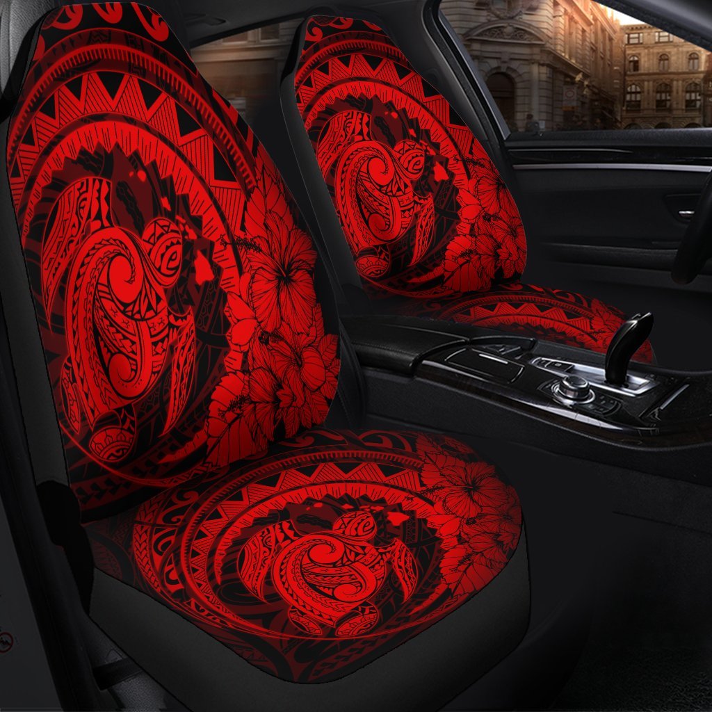 Hawaiian Kanaka Honu Map Hibiscus Globular Polynesian Red Car Seat Covers - AH - Polynesian Pride