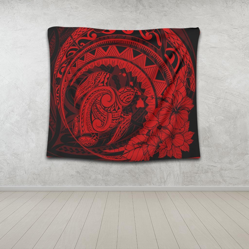 Hawaiian Kanaka Honu Map Hibiscus Globular Polynesian Red Tapestry - AH - Polynesian Pride