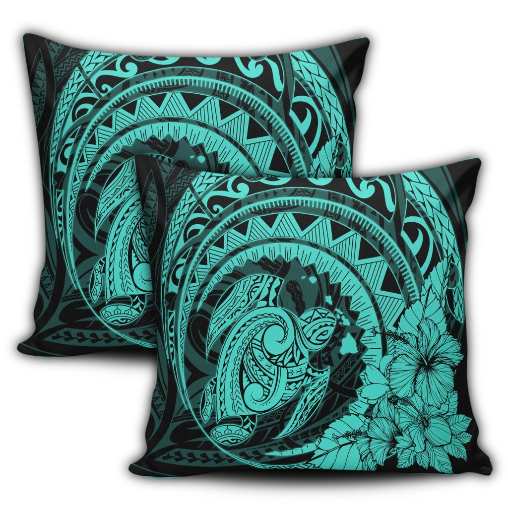 Hawaiian Kanaka Honu Map Hibiscus Globular Polynesian Turquoise Pillow Covers - AH - Polynesian Pride