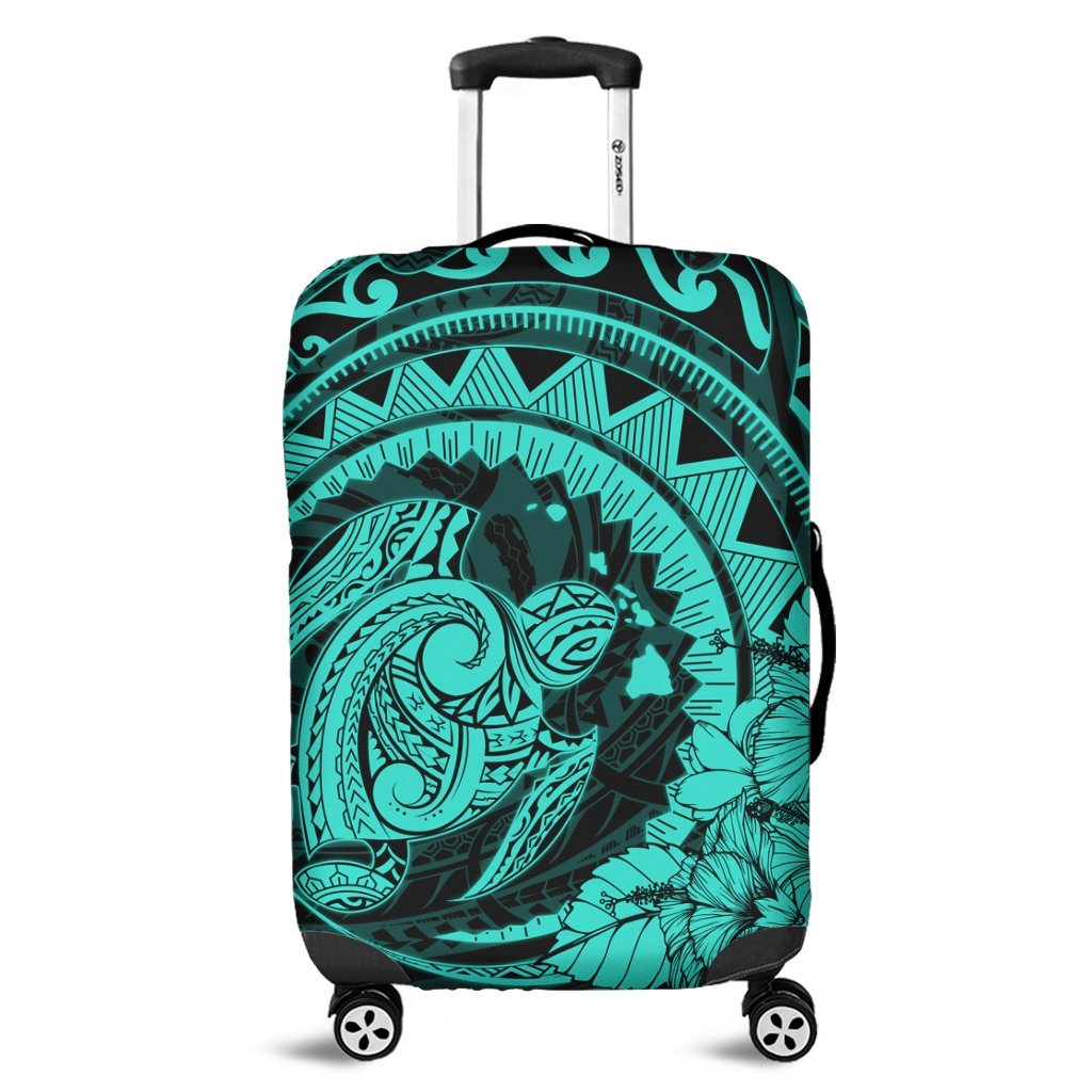 Hawaiian Kanaka Honu Map Hibiscus Globular Polynesian Turquoise Luggage Covers - AH Black - Polynesian Pride