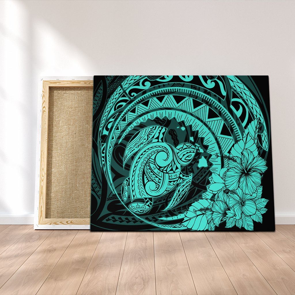 Hawaiian Kanaka Honu Map Hibiscus Globular Polynesian Turquoise Canvas - AH Canvas Poly-cotton - Polynesian Pride