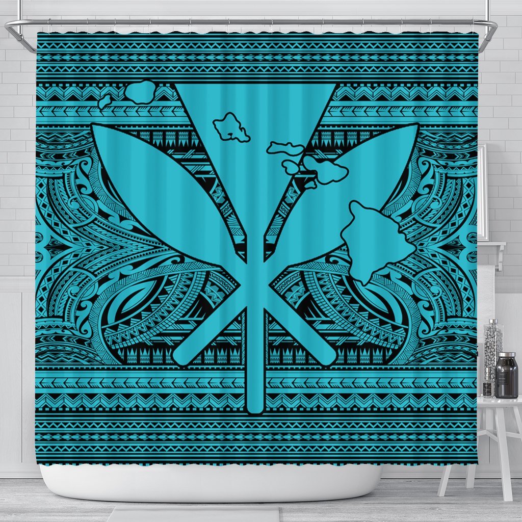 Hawaiian Kanaka Polynesian Tribal Shower Curtain Reggae Color Blue AH 177 x 172 (cm) Black - Polynesian Pride
