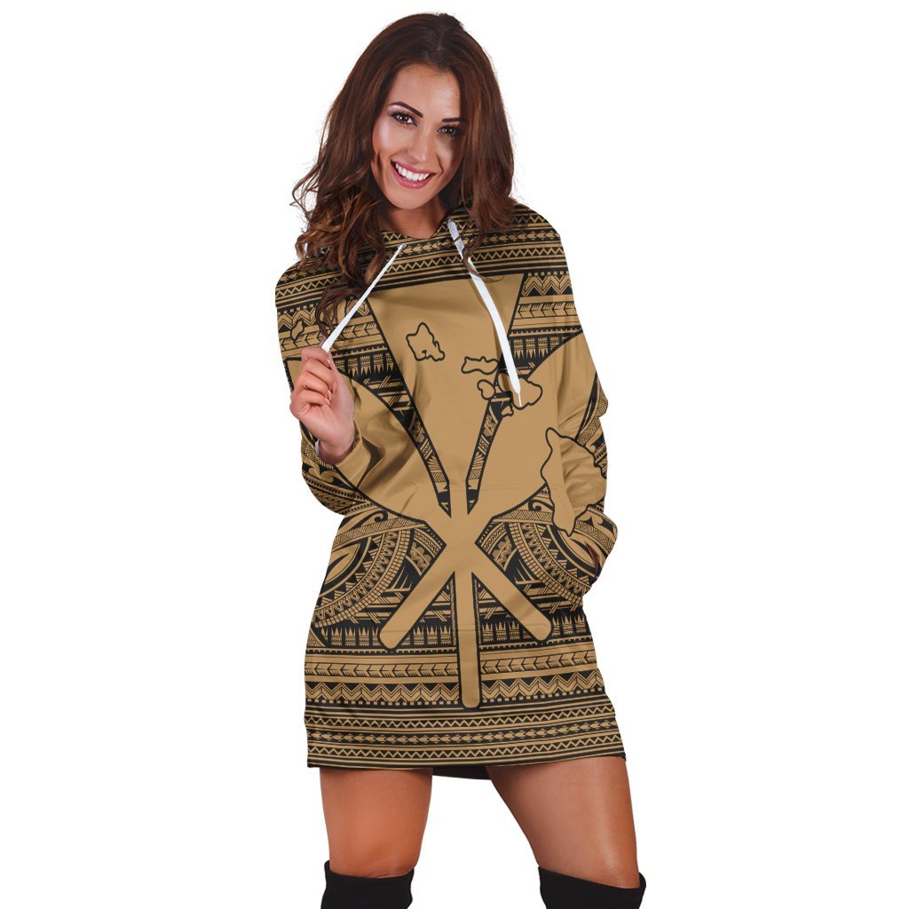 Hawaiian Kanaka Polynesian Tribal Hoodie Dress Reggae Color Gold AH - Polynesian Pride