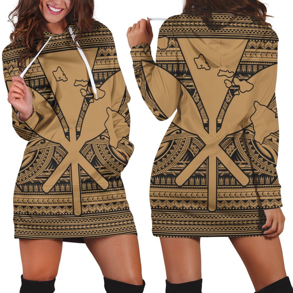 Hawaiian Kanaka Polynesian Tribal Hoodie Dress Reggae Color Gold AH Black - Polynesian Pride