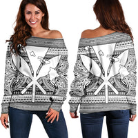 Hawaiian Kanaka Polynesian Tribal Women's Off Shoulder Sweater Reggae Color White AH Black - Polynesian Pride