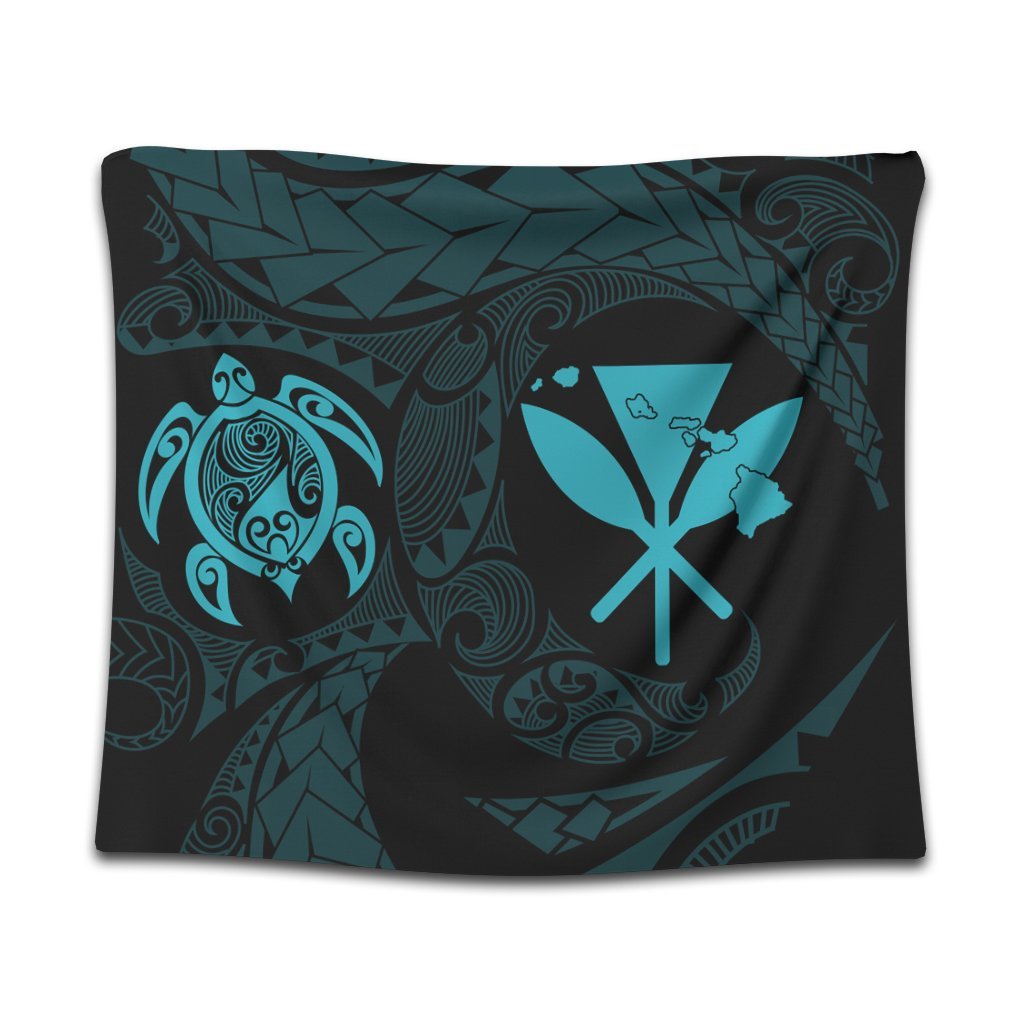 Hawaiian Kanaka Turtle Polynesian Tapestry Blue AH Wall Tapestry Black - Polynesian Pride