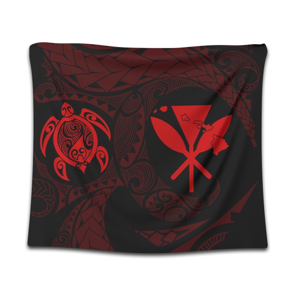 Hawaiian Kanaka Turtle Polynesian Tapestry Red AH Wall Tapestry Black - Polynesian Pride