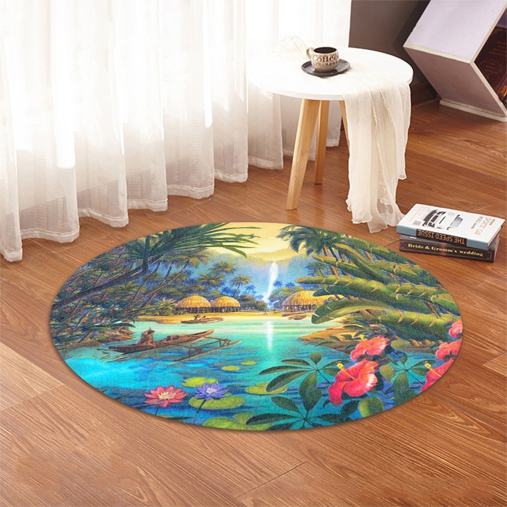 Hawaiian Living In Aboriginal Village Round Carpet - AH - Polynesian Pride