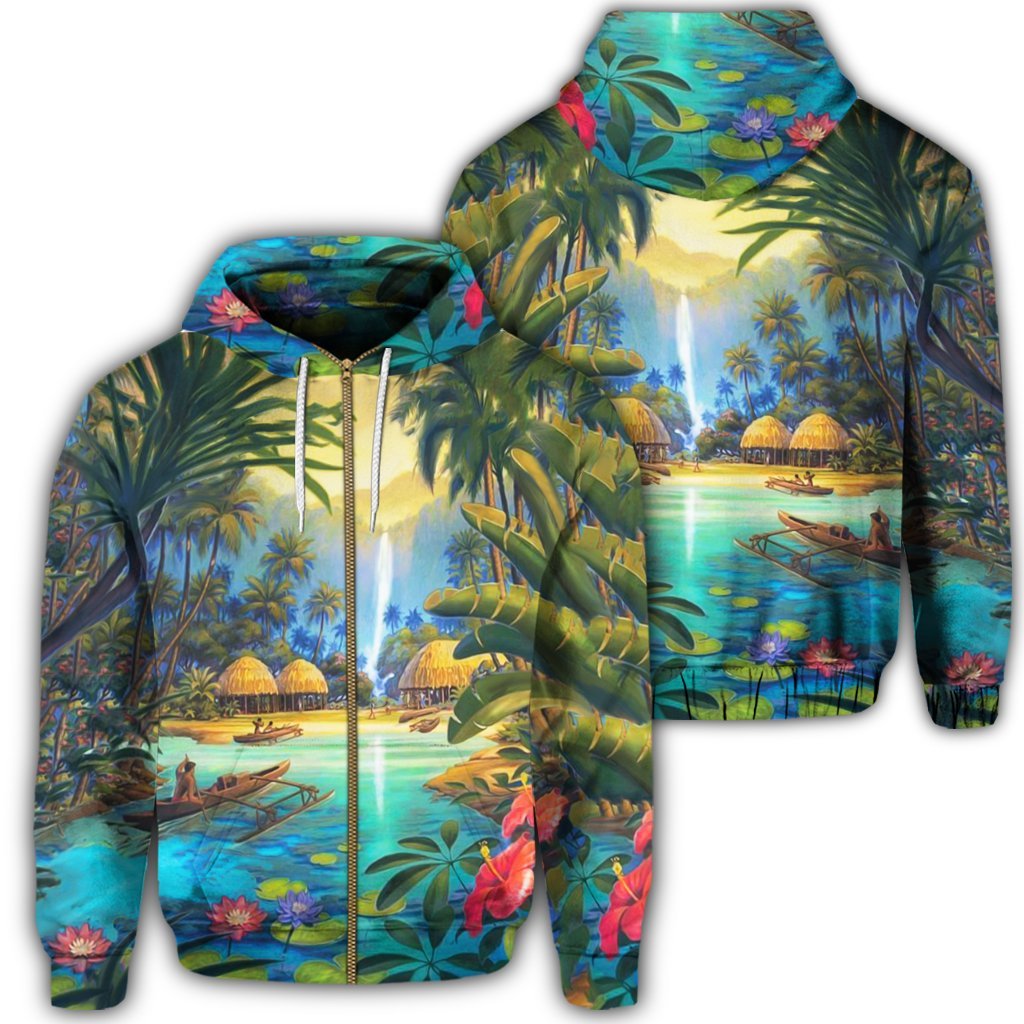 Hawaiian Living In Aboriginal Village Zip Hoodie Unisex Art - Polynesian Pride