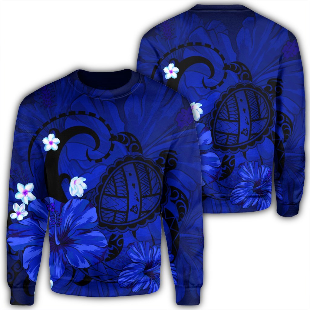 Hawaiian Map Big Turtle Hibiscus Plumeria Tribal Polynesian Sweatshirt - Blue - AH Unisex Black - Polynesian Pride