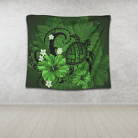 Hawaiian Map Big Turtle Hibiscus Plumeria Tribal Polynesian Tapestry - Green - AH - Polynesian Pride