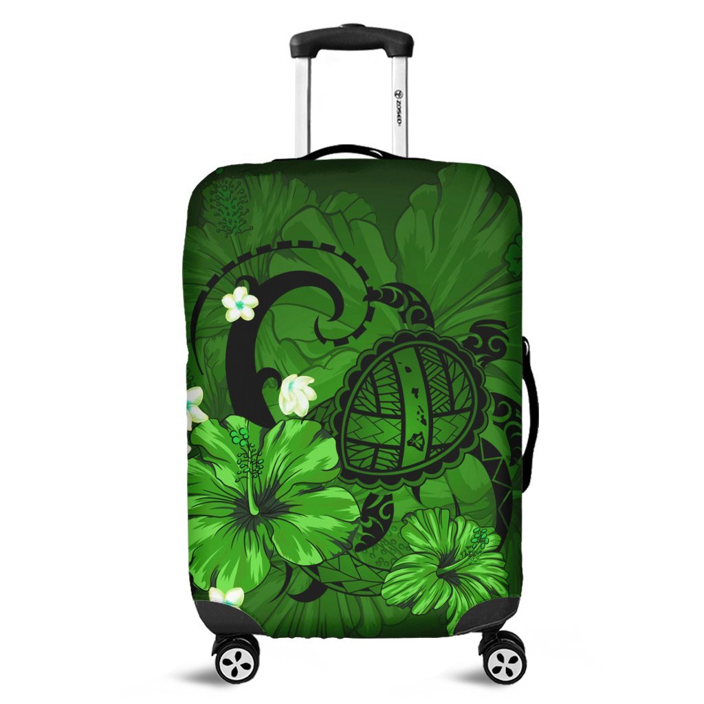 Hawaiian Map Big Turtle Hibiscus Plumeria Tribal Polynesian Luggage Covers - Green - AH Black - Polynesian Pride