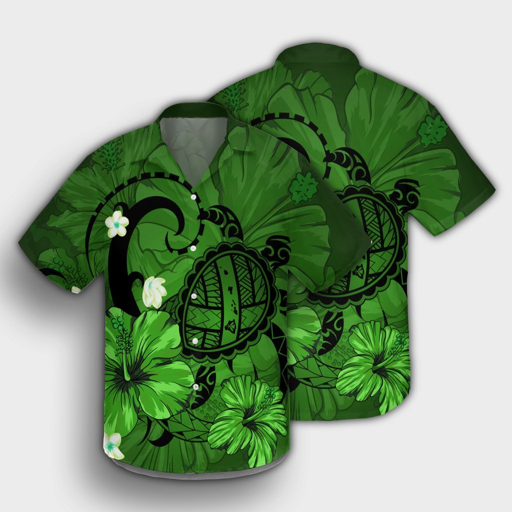 Hawaiian Map Big Turtle Hibiscus Plumeria Tribal Polynesian Hawaiian Shirt - Green - AH - Polynesian Pride