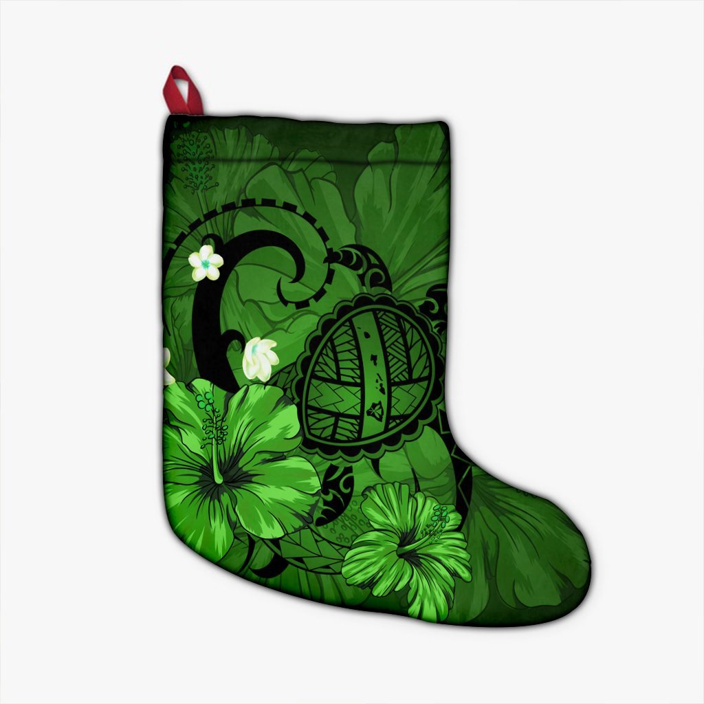 Hawaiian Map Big Turtle Hibiscus Plumeria Tribal Polynesian Christmas Stocking - Green - AH Christmas Stocking 26 X 42 cm Black - Polynesian Pride