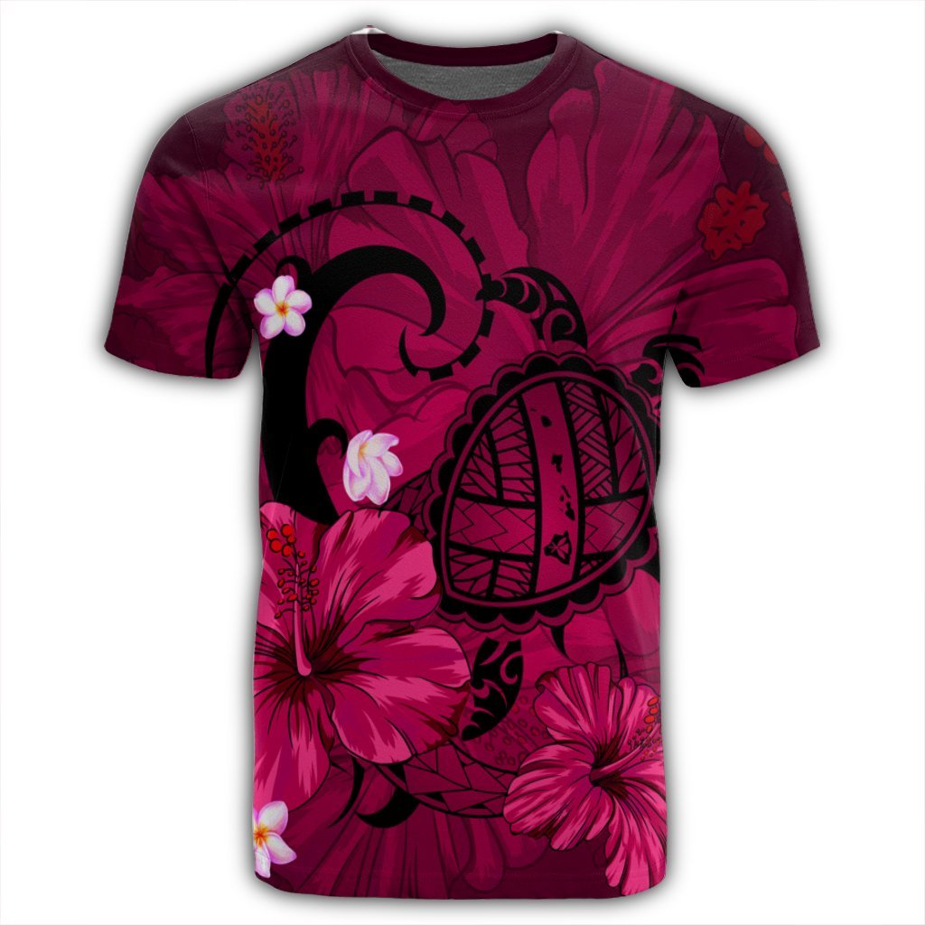 Hawaiian Map Big Turtle Hibiscus Plumeria Tribal Polynesian T Shirt Pink - Polynesian Pride
