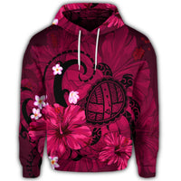 Hawaiian Map Big Turtle Hibiscus Plumeria Tribal Polynesian Hoodie Pink - Polynesian Pride
