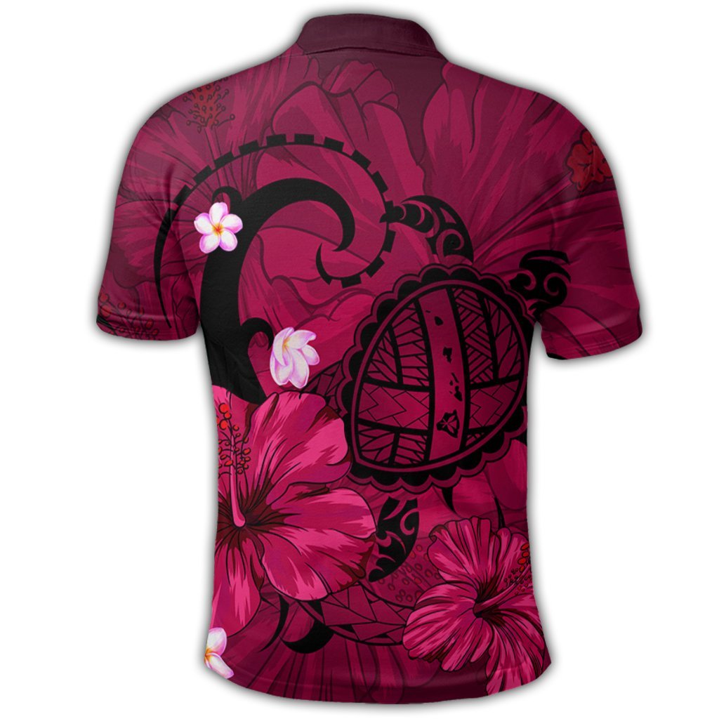Hawaiian Map Big Turtle Hibiscus Plumeria Tribal Polynesian Polo Shirt Pink - Polynesian Pride