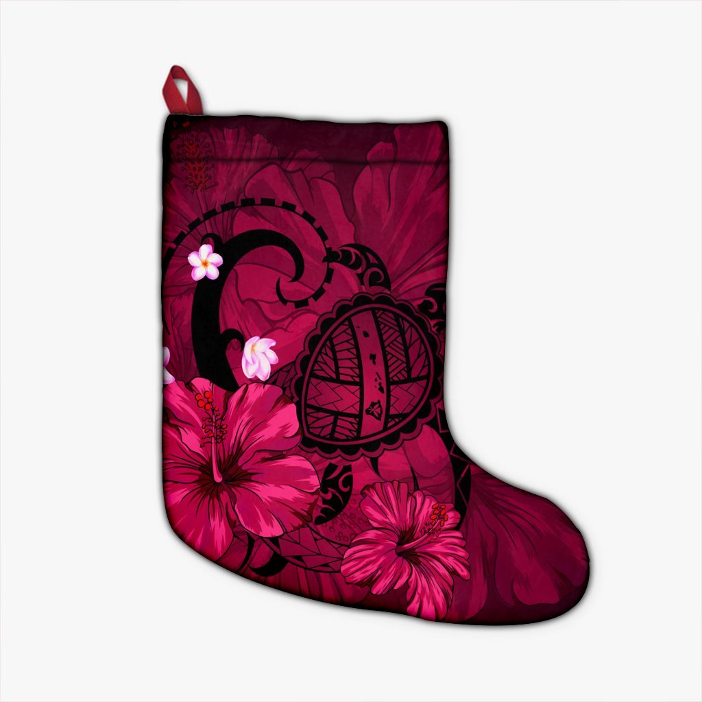 Hawaiian Map Big Turtle Hibiscus Plumeria Tribal Polynesian Christmas Stocking - Pink - AH Christmas Stocking 26 X 42 cm Black - Polynesian Pride